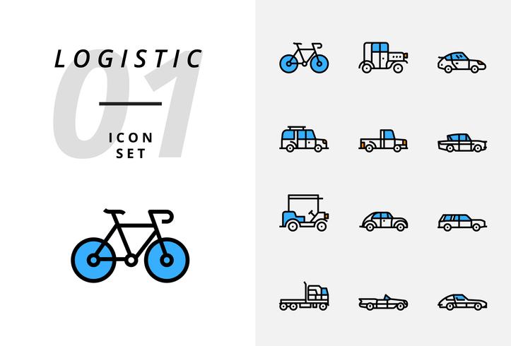 Ikonförpackning för logistik, flatbilsbil, sökprodukt, leveransfynd, flygplan, vikt, scooter, plats, skyddad, leverans, tåg, skepp, jordklot. vektor