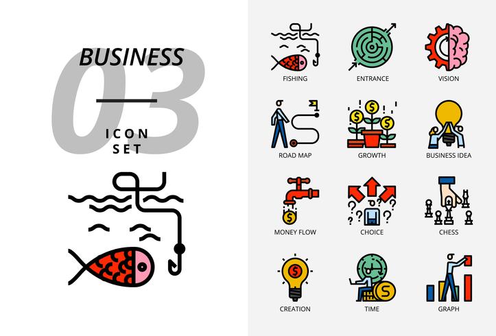Ikonensatz für Geschäft und Strategie, Fischen, Eingang, Vision, Roadmap, Wachstum, Geschäftsidee, Geldfluss, Wahlmöglichkeit, Erstellungszeit, Diagramm. vektor