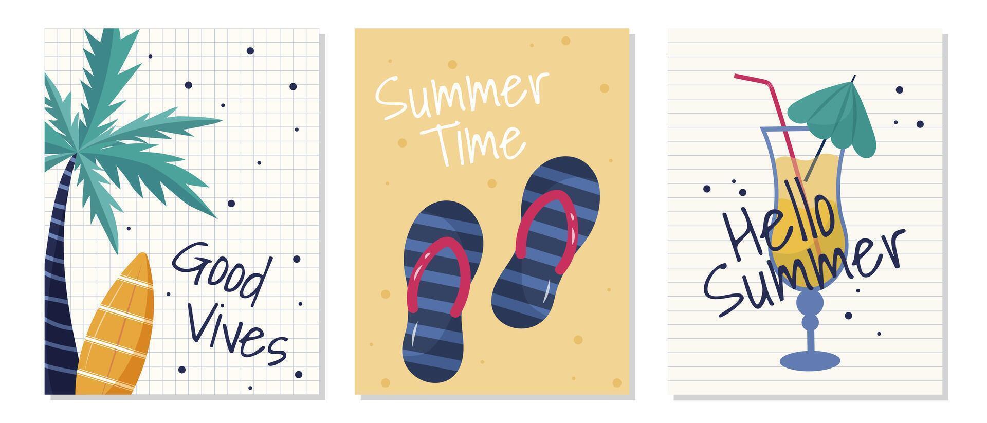 ein einstellen von Sommer- Postkarten mit Strand Hausschuhe, ein Palme Baum und ein Cocktail Glas im das Hintergrund. ein Hand gezeichnet Illustration im ein eben Stil. vektor