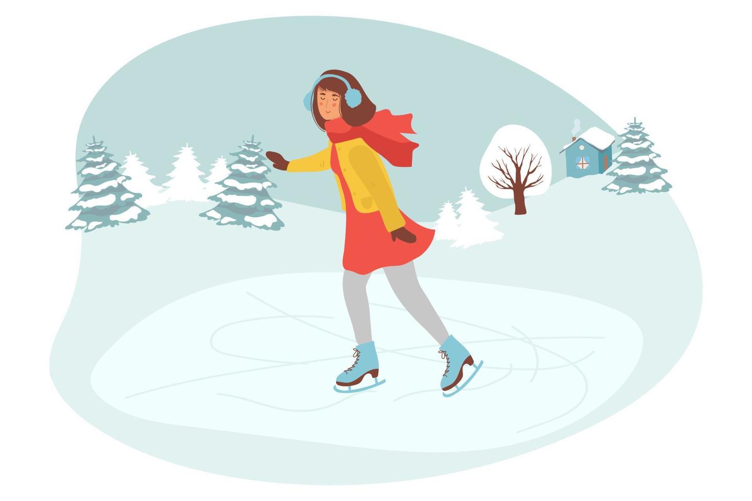 süßes mädchen, das warme winterkleidung trägt, eislaufen auf gefrorener oberfläche. junge Frau Eiskunstlauf auf Eisbahn. Winter-Spaß-Sport-Aktivitäten-Vektor-Illustration. Winterlandschaft vektor