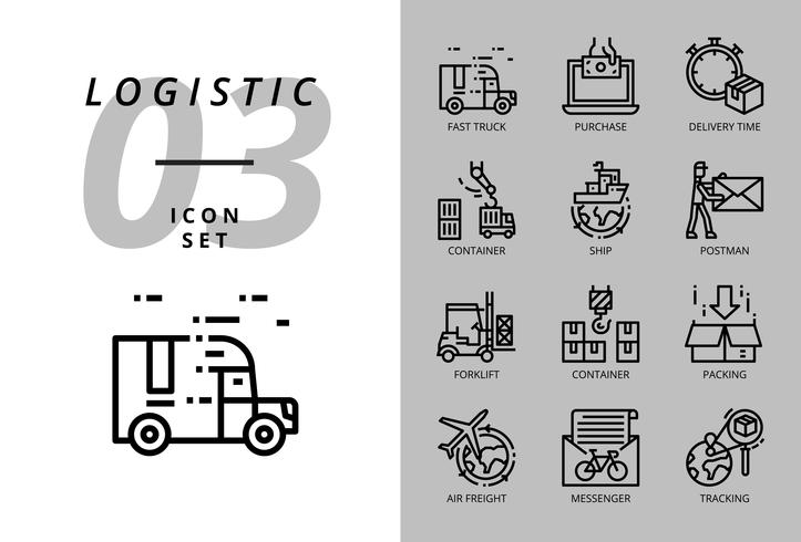 Ikonpaket för logistik, snabb lastbil, inköp, leveranstid, gaffeltruck, container, packning, container, skepp, postman, flygfrakt, cykelbudbärare, spårning. vektor