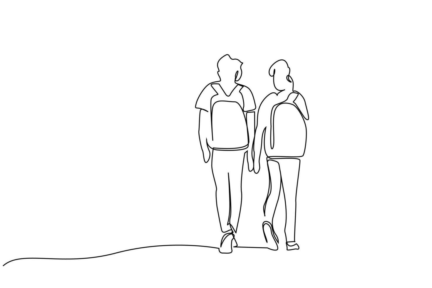 två ung vänner med ryggsäckar gående till skola gående linje konst design vektor