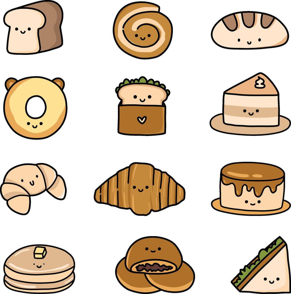 kawaii süß Brot Emoticon einstellen Illustration vektor