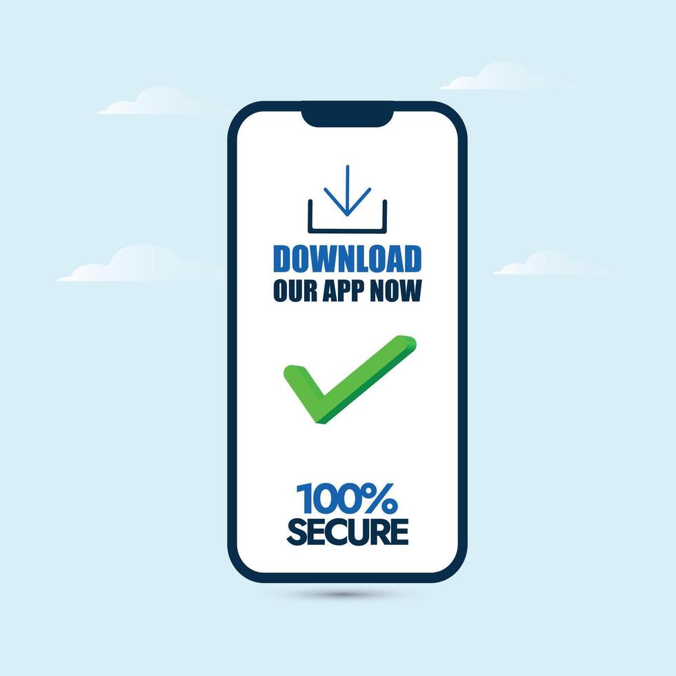 herunterladen das App Jetzt. herunterladen das App jetzt Banner mit Handy, Mobiltelefon Telefon Bildschirm haben einfach Weiß Hintergrund und herunterladen Taste, Grün prüfen Kennzeichen auf Es. 100 Prozent sichern Handy, Mobiltelefon App. vektor