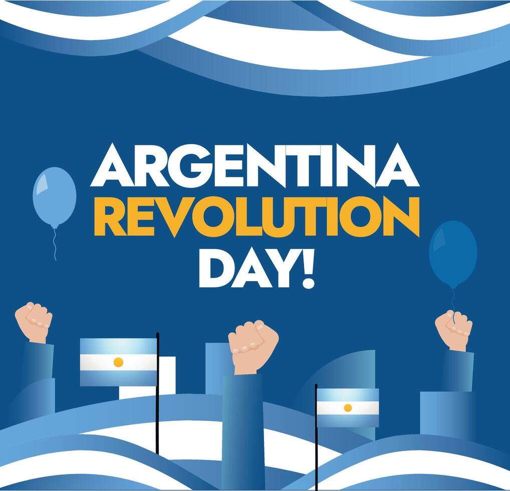 25 dürfen, Argentinien Revolution Tag. Argentinien Flagge Farbe Thema Banner oder Post zum Feier mit Fäuste Luftballons und modern retro Formen. Argentinien modern Karte, Flyer und anständig Sozial Medien Post vektor