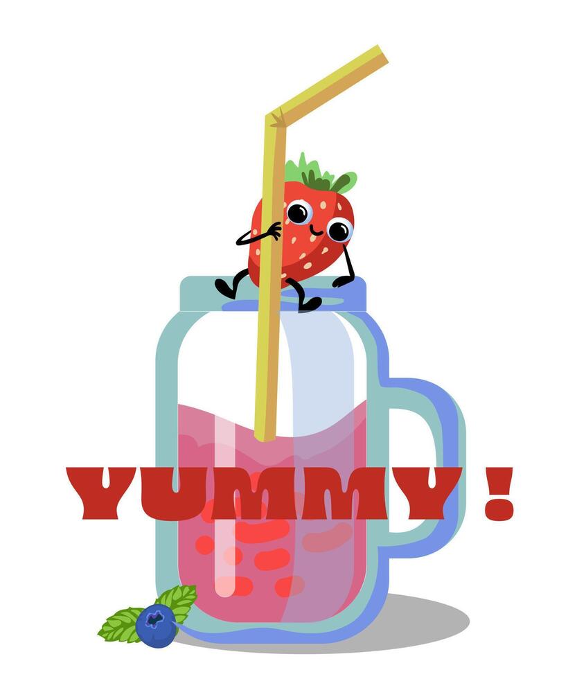 smaskigt söt tecknad serie illustration med jordgubb smoothie, milkshake. vektor