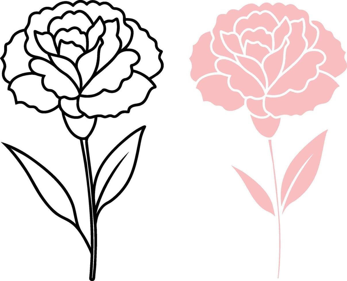 Nelke Blume Symbol im Farbe und Gliederung Versionen zum Färbung Buch vektor