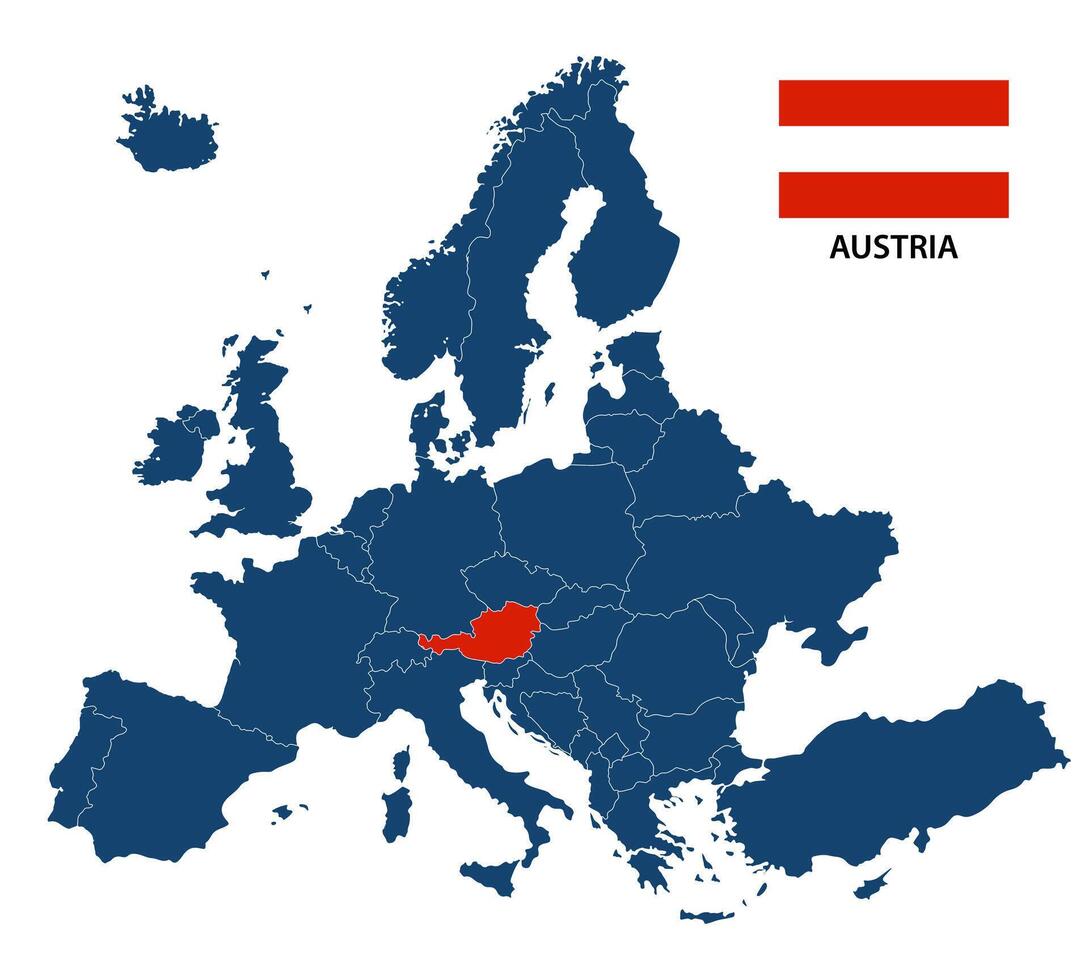 Illustration von ein Karte von Europa mit hervorgehoben Österreich und österreichisch Flagge isoliert auf ein Weiß Hintergrund vektor