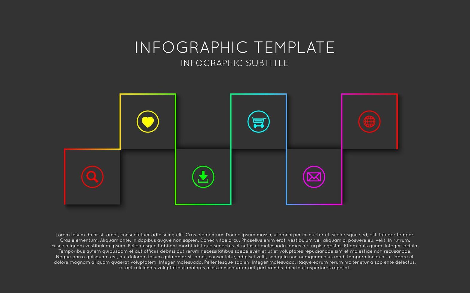 infographic mall med sex mörk kvadrater med ikoner och beskrivningar. modern bearbeta schema på svart bakgrund vektor