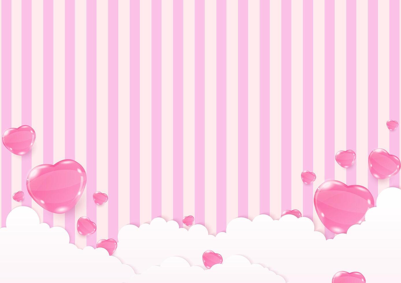 rosa hjärta och moln på randig bakgrund vektor