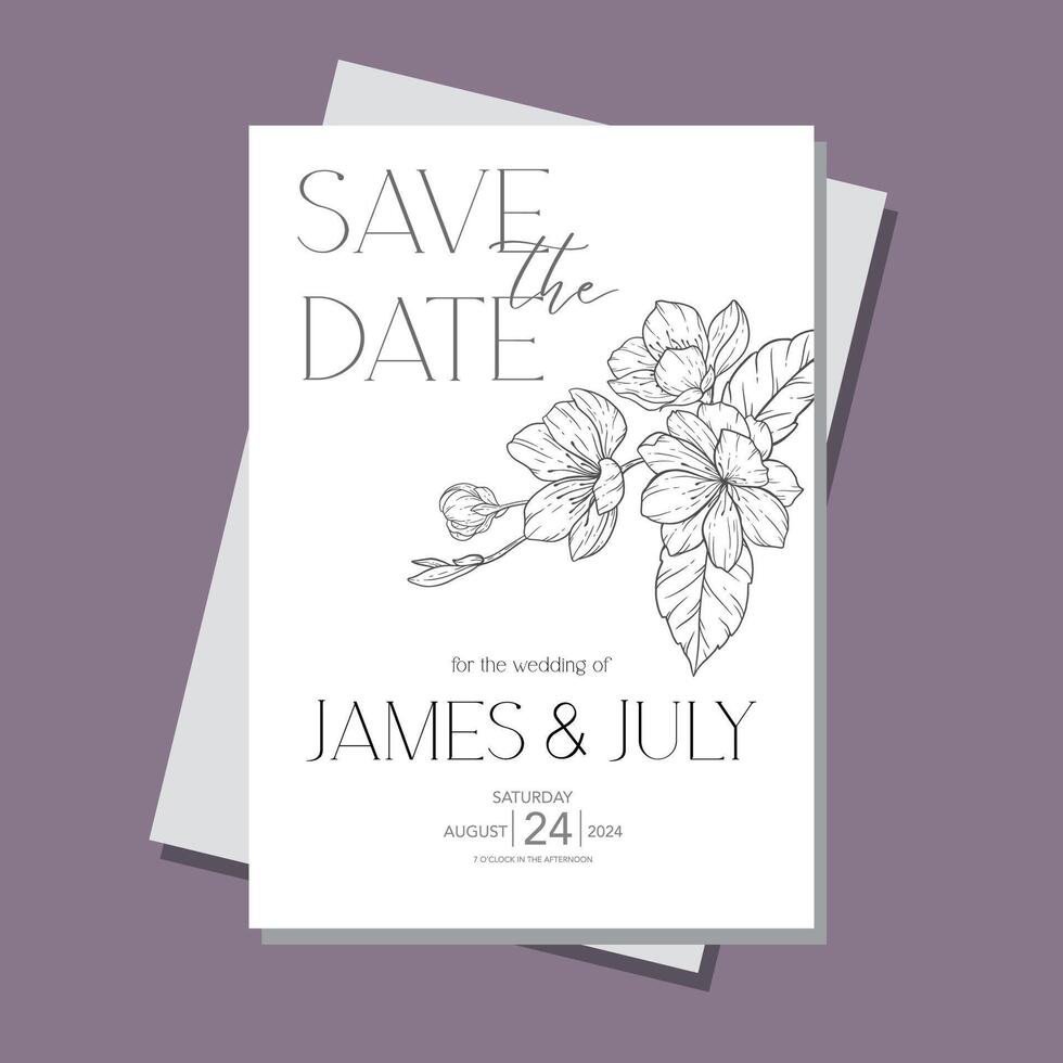 linje konst körsbär blomma bröllop inbjudan mall, översikt sakura minimalistisk bröllop brevpapper vektor