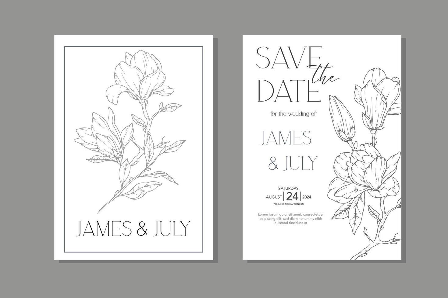 linje konst magnolia bröllop inbjudan mall, översikt magnolia minimalistisk bröllop brevpapper vektor