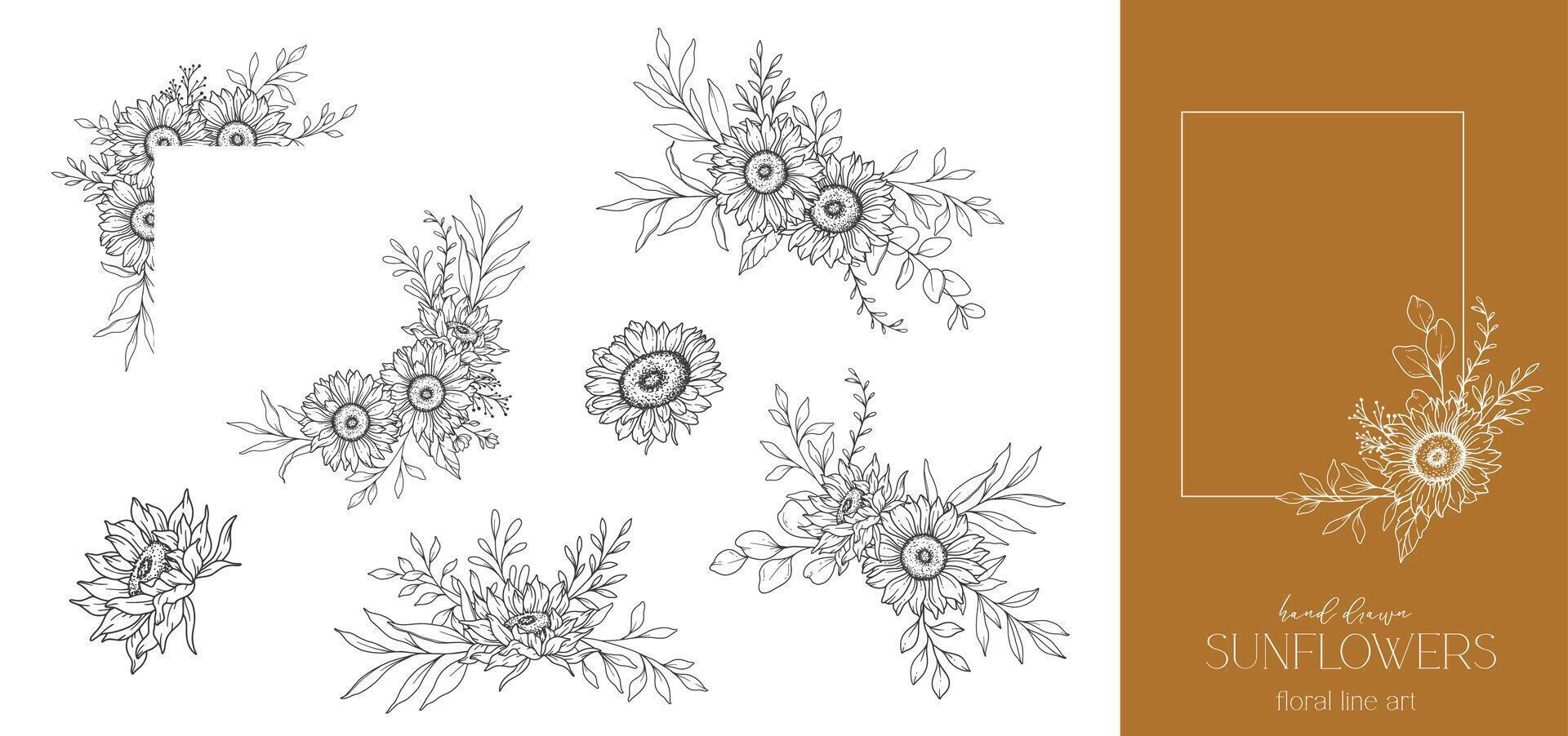 solrosor linje teckning. solros ram linje konst. blommig ram. blommig linje konst. bra linje solros illustration. hand dragen översikt blommor. botanisk färg sida. bröllop inbjudan blommor vektor