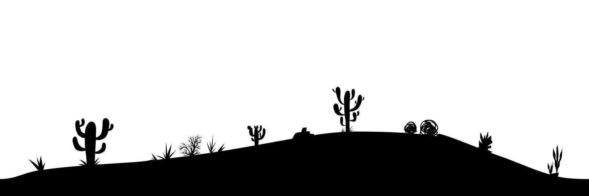 schwarz Silhouette von Wüste Landschaft mit Kakteen und Pflanzen isoliert auf Weiß. Collage Element von Natur, horizontal Hintergrund. Wüste nahtlos Muster. vektor