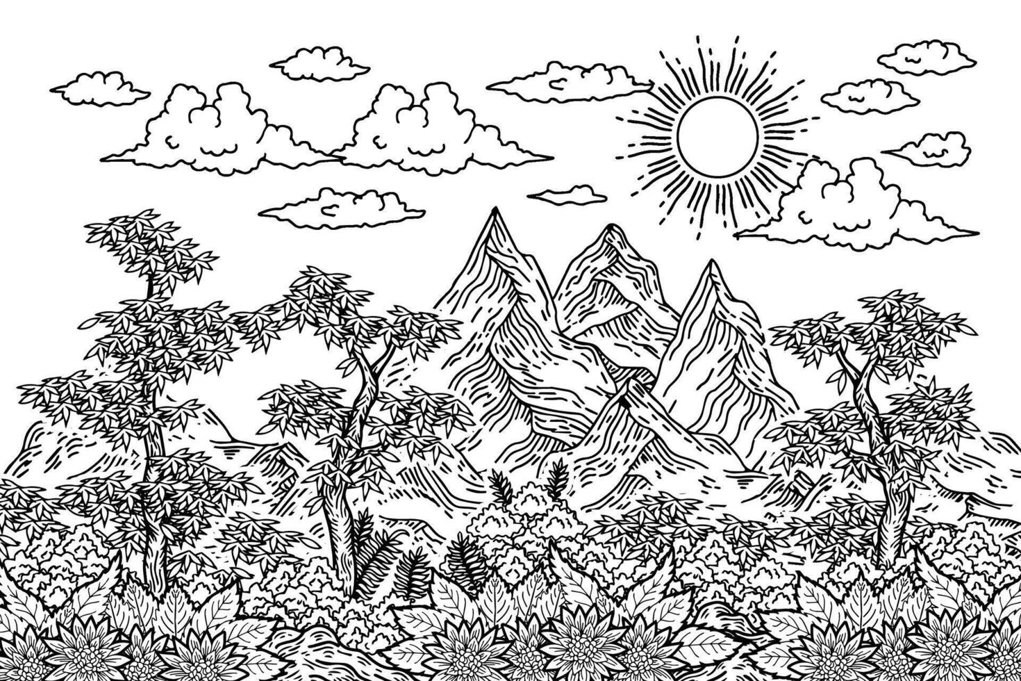 Illustration Berg Landschaft Natur Gliederung Färbung Seite vektor