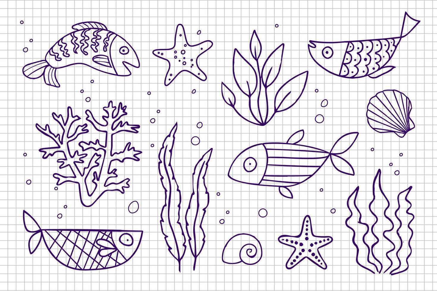 Zeichnung von verschiedene Meer Tiere auf Papier vektor