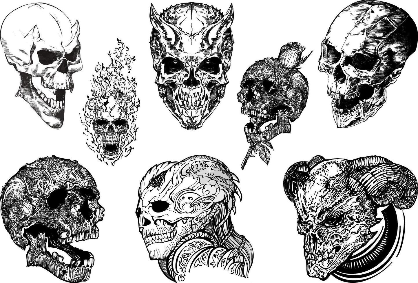 uppsättning av skallar på vit bakgrund, , gotisk, skalle ansikten, utomjording skallar, mänsklig och djur- skallar, linje teckning vektor