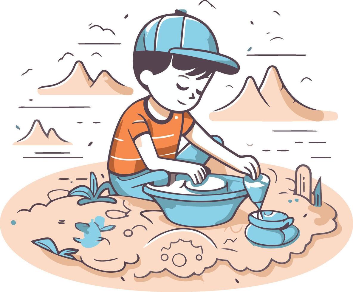 illustration av en pojke i de öken- spelar med sand och vatten vektor