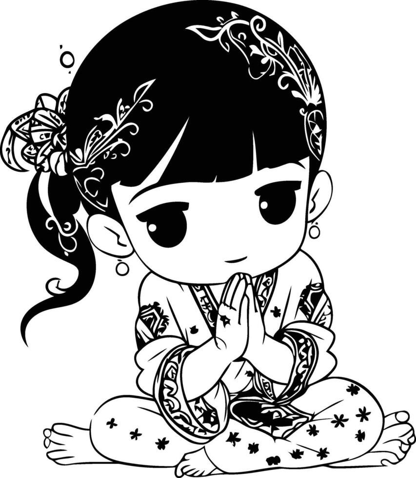 illustration av en söt liten flicka i en kimono. vektor