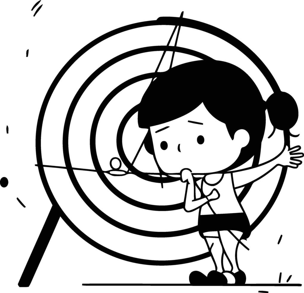 flicka med rosett och pil på mål i tecknad serie stil. vektor