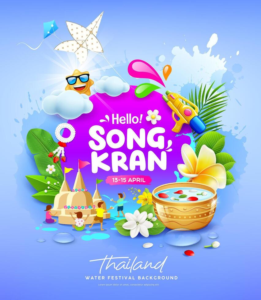 songkran vatten festival thailand, barn spelar med sand pagod, blomma tropisk sommar roligt, affisch flygblad design på lila bakgrund, eps 10 illustration vektor