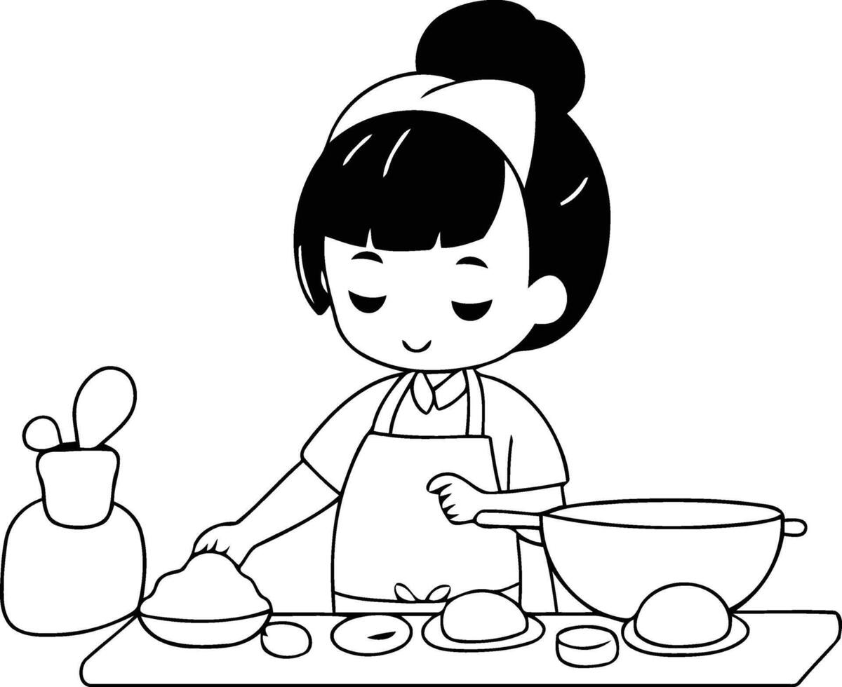 süß wenig Mädchen Kochen im das Küche im Karikatur Stil. vektor