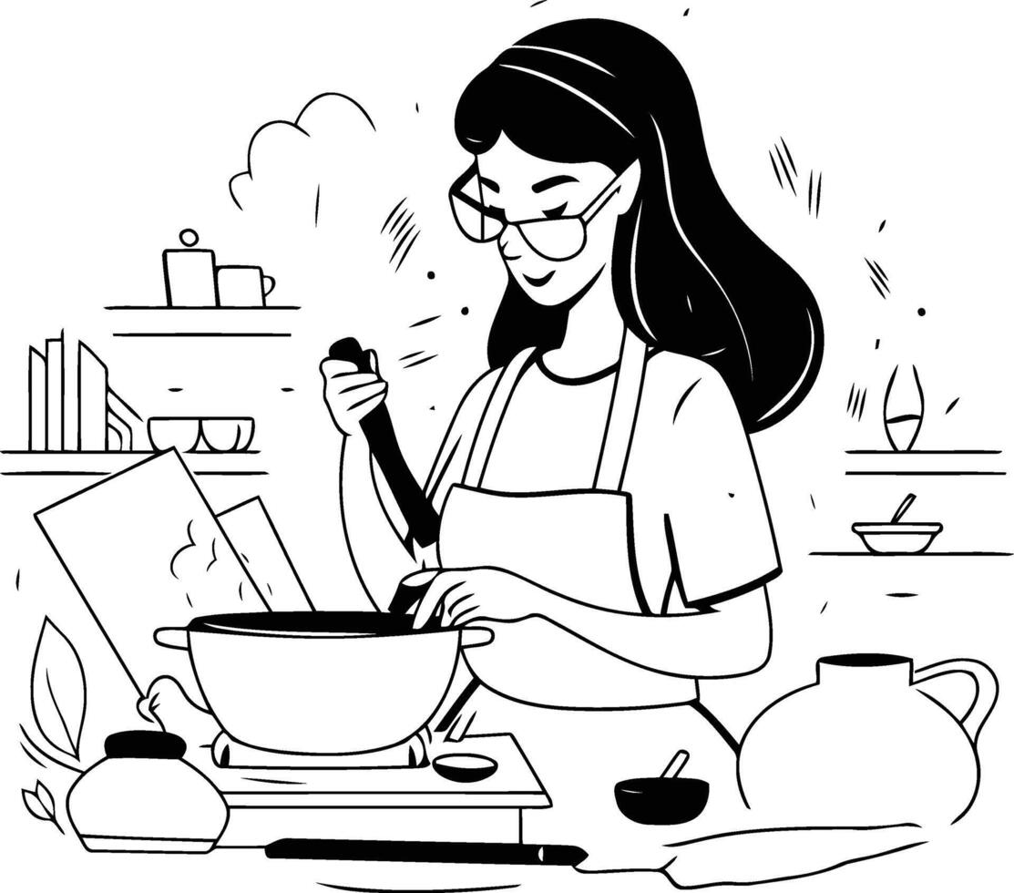 ung kvinna matlagning i de kök i skiss stil. vektor