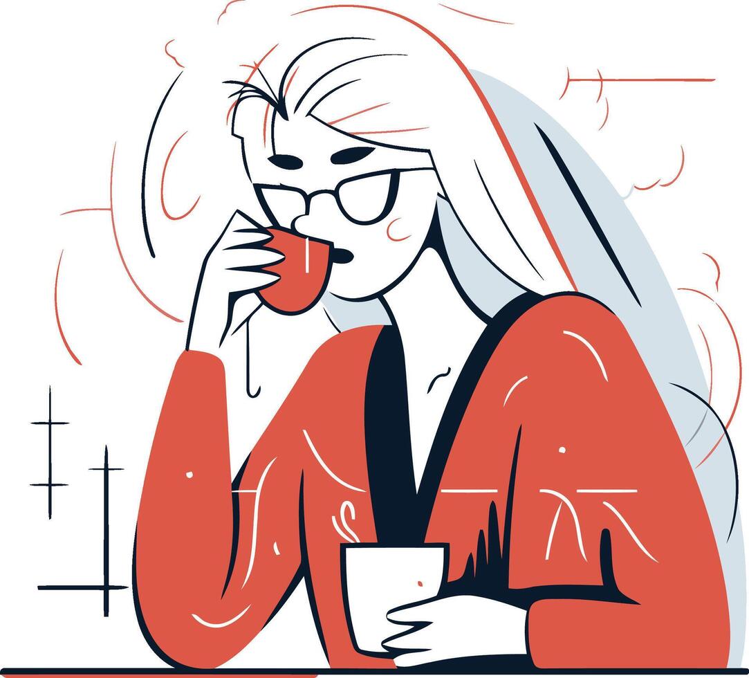 Illustration von ein Frau Trinken Kaffee im ein Cafe. eben Stil. vektor