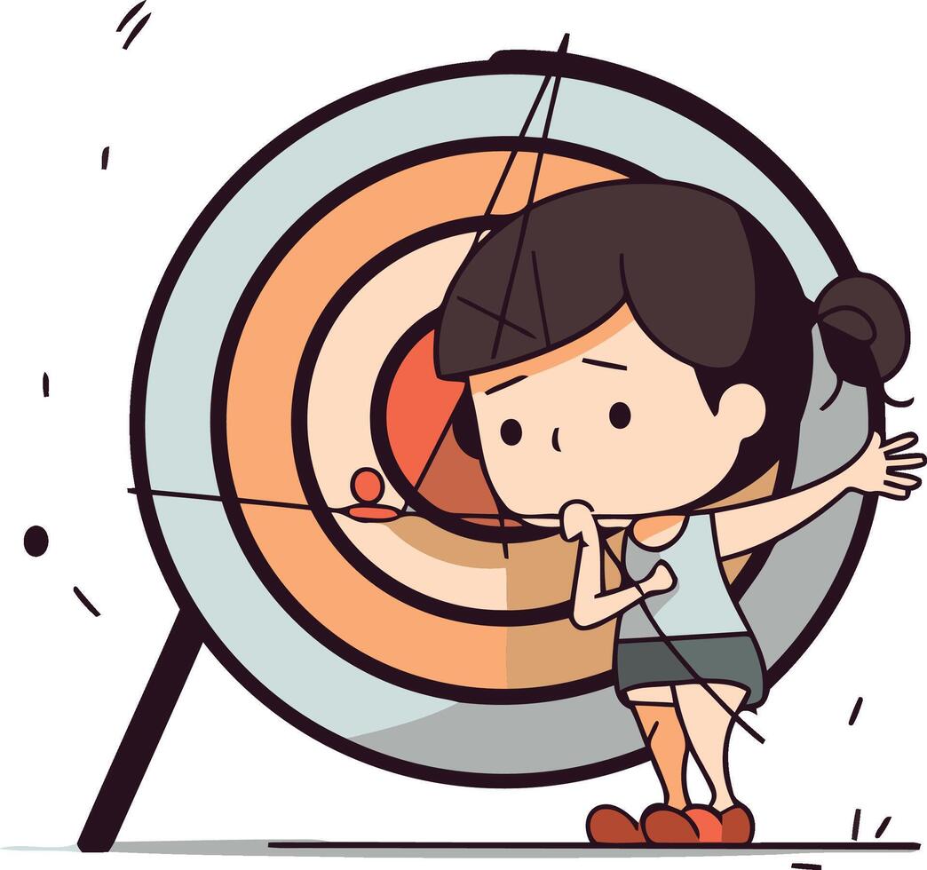 Mädchen mit Bogen und Pfeil auf Ziel im Karikatur Stil. vektor