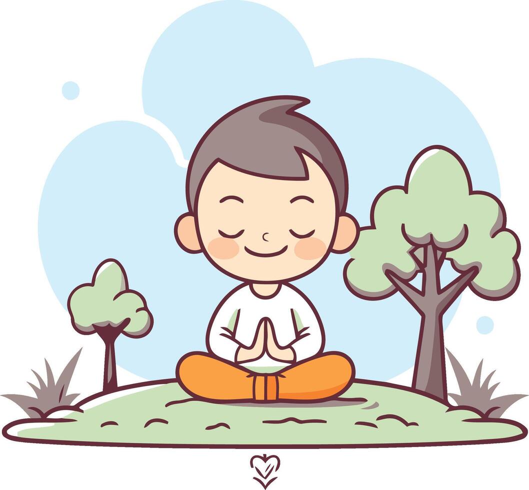süß wenig Junge meditieren im das Park. Karikatur Illustration. vektor