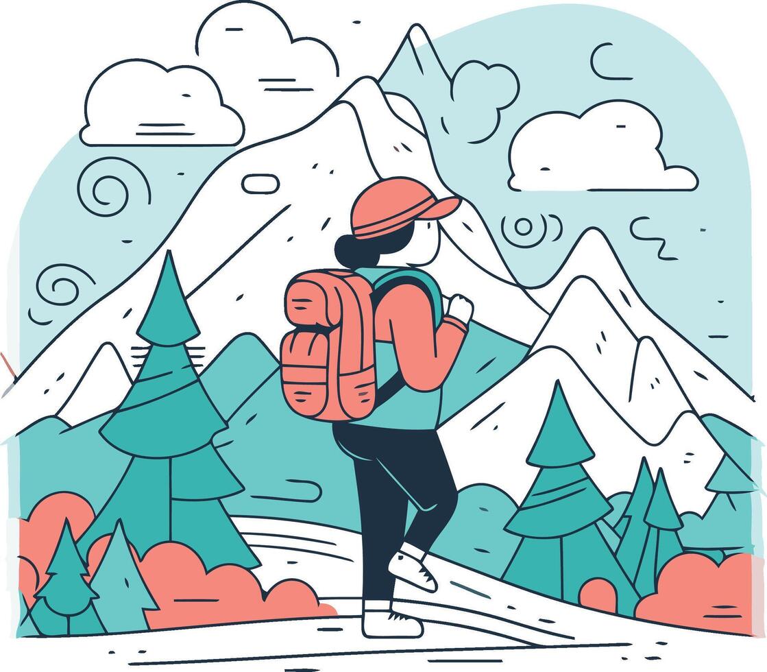 Illustration von ein Wanderer mit ein Rucksack Wandern im Berge. vektor