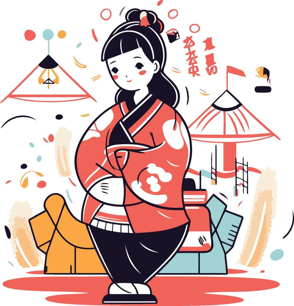 japanisch Mädchen im Kimono im Karikatur Stil. vektor