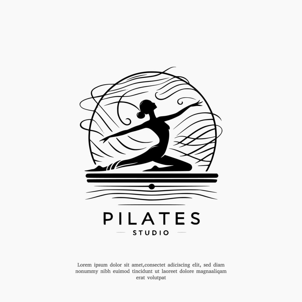 pilates kvinna silhuett, flicka med skönhet kropp hår och ansikte på Gym logotyp design vektor