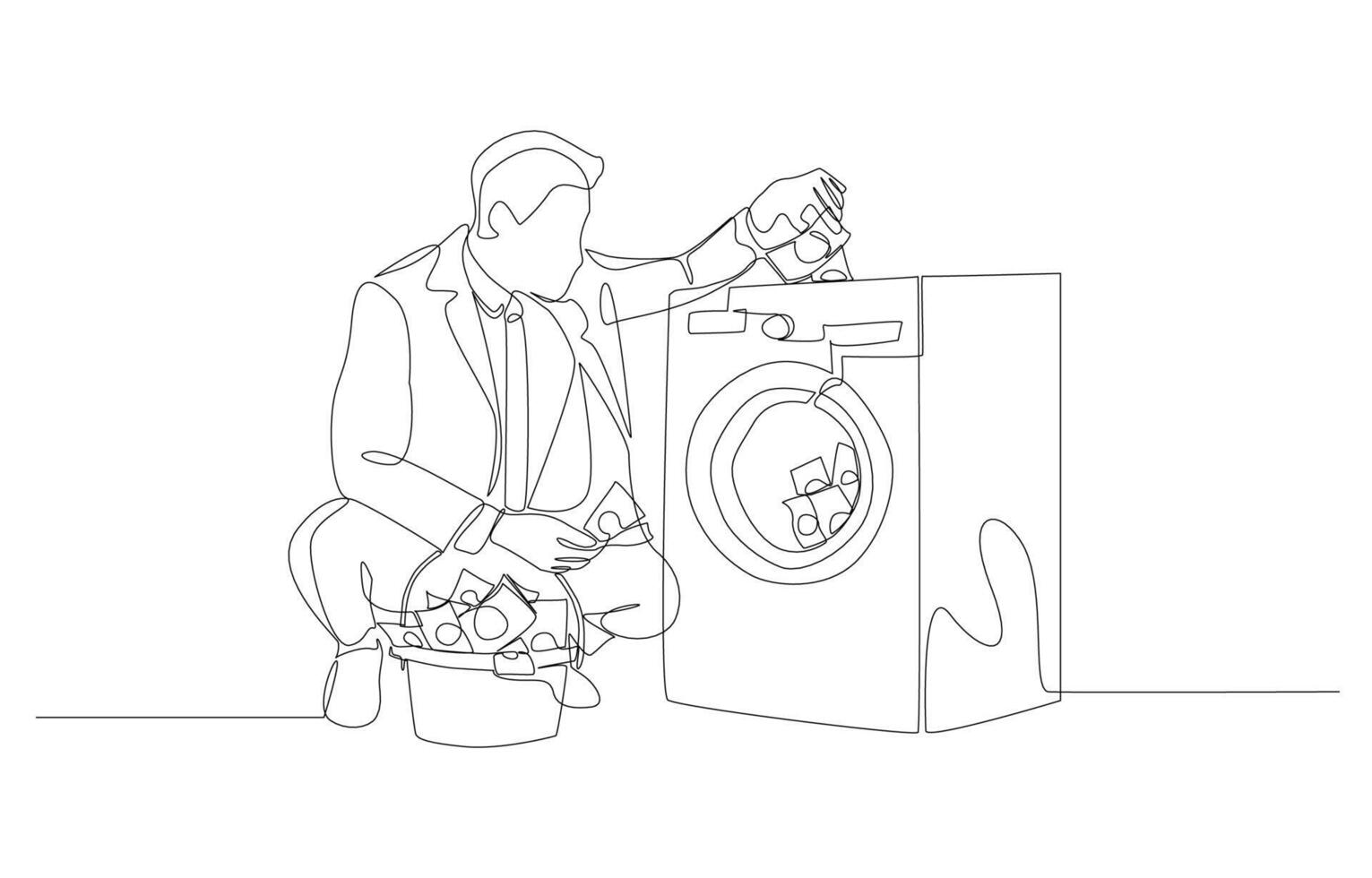 kontinuerlig ett linje teckning av affärsman sätta sedlar in i tvättning maskin, pengar tvätt begrepp, enda linje konst. vektor