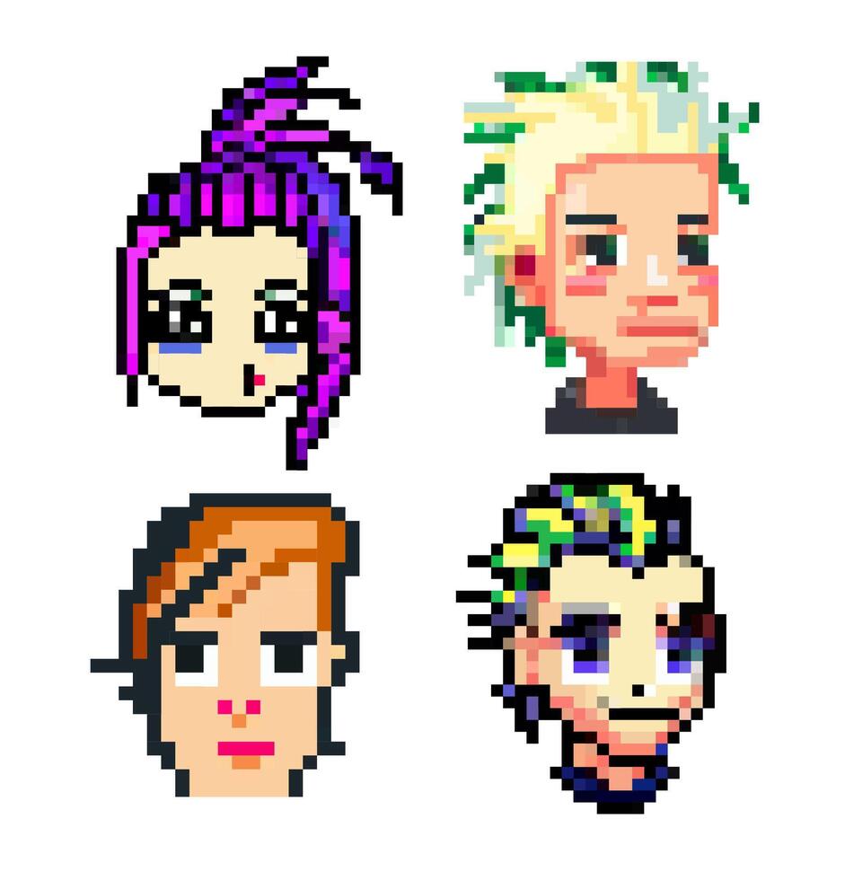 einstellen Pixel Punk Köpfe von Menschen mit anders farbig Haar, verschiedene Kunst Stile, 8 Bits Grafik, Symbole im Piktogramm von männlich und Spaß Menschen weiblich Gesichter vektor