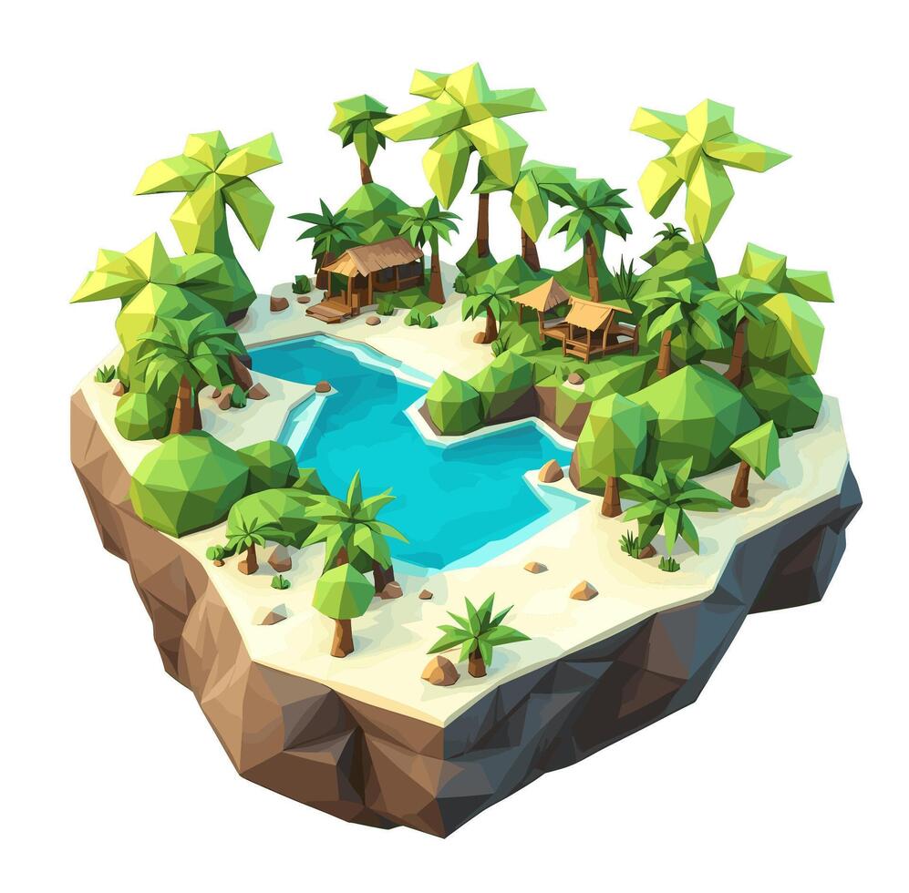 3d isometrisch niedrig poly von ein tropisch Insel mit das Fluss, geziert mit minimalistisch Low-Polygon Bäume. Illustration ist ein kreativ Toolkit zum Entwerfen im ein unverwechselbar Stil vektor