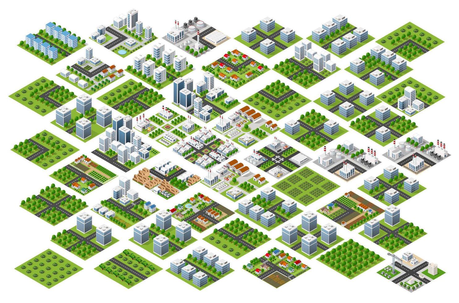 isometrisk urban megalopolis topp se av de stad infrastruktur stad, gata modern, verklig strukturera, arkitektur 3d illustration element annorlunda byggnader vektor