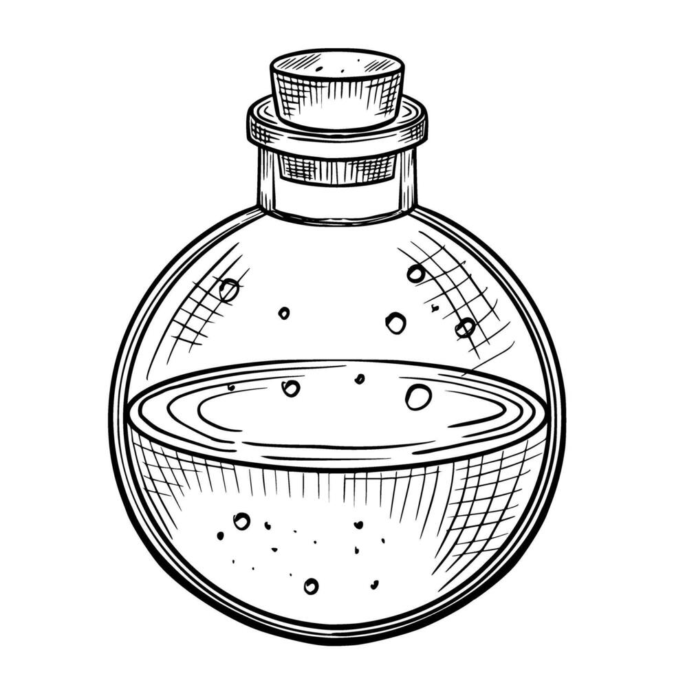 magi trolldryck i en runda flaska med kork. illustration av trolldom förgifta på isolerat bakgrund. etsning av elixir för alkemi målad förbi svart bläck. teckning av halloween element vektor