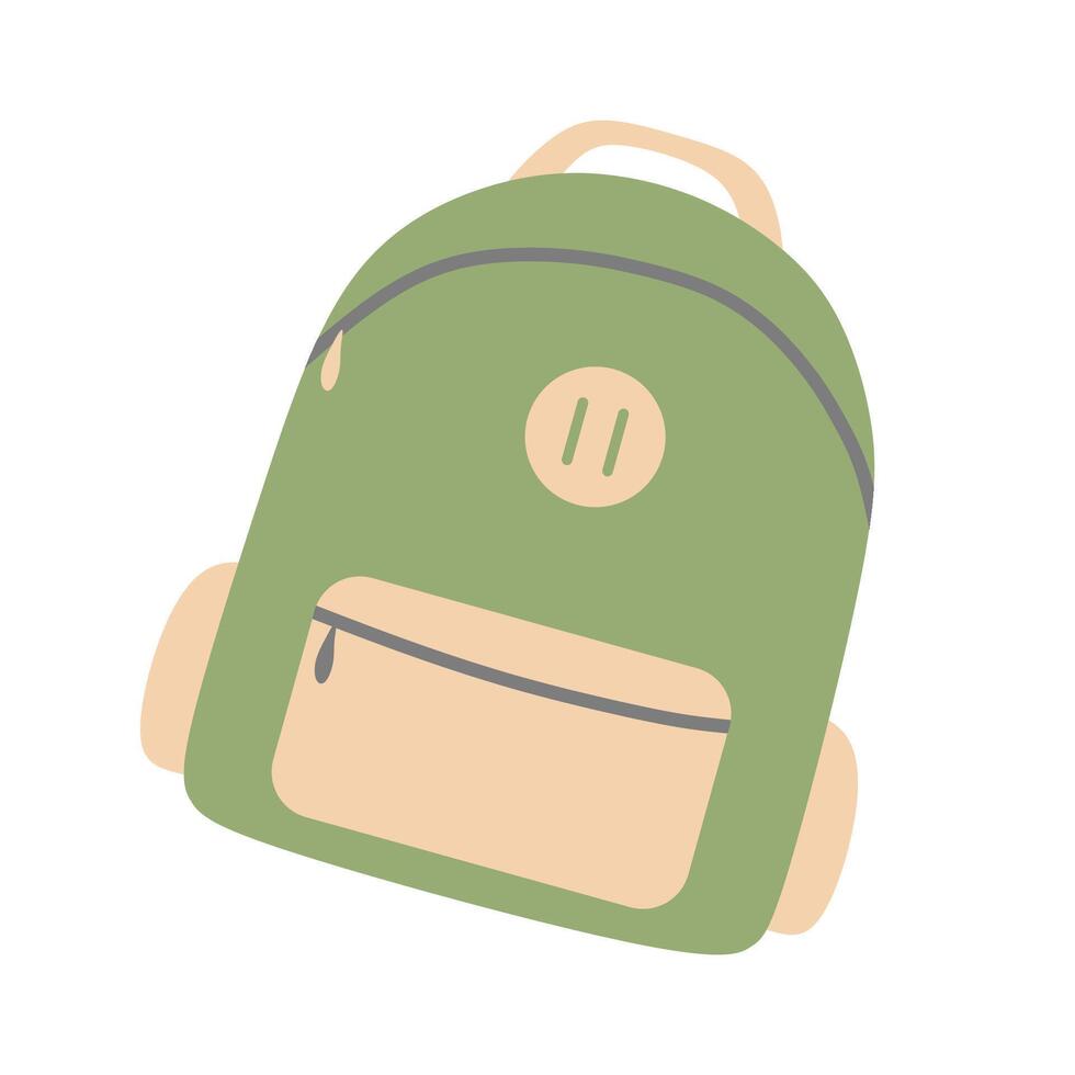grön ryggsäck i enkel tecknad serie stil isolerat på vit bakgrund. skola väska, resa ryggsäck. platt illustration av tillbehör, sport väska, studerande packa med fickor och dragkedja. vektor