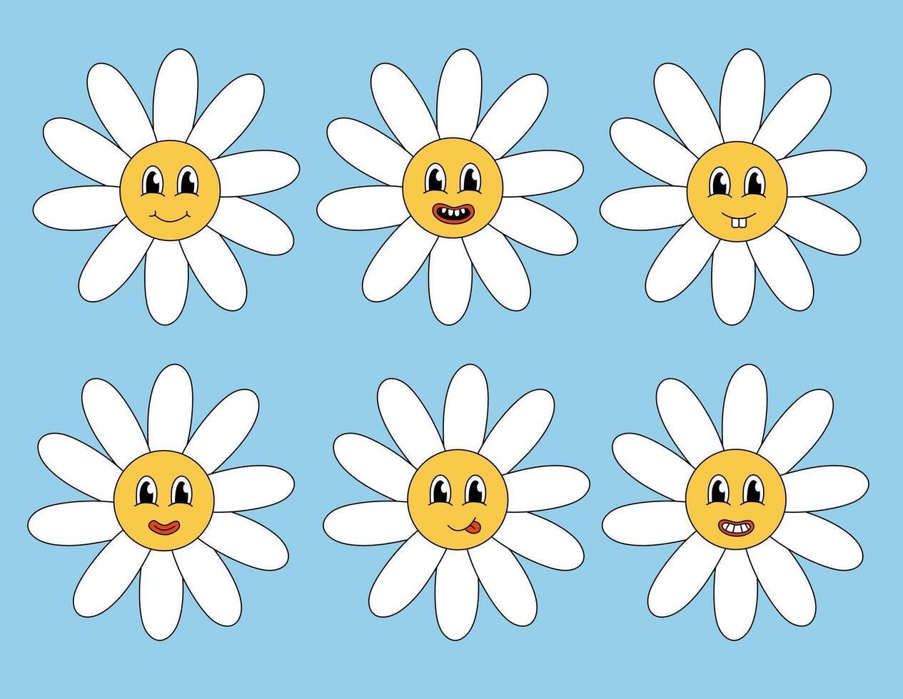 retro 70s 60s 80s hippie häftig söt daisy blommor uppsättning. leende ansikte. samling kamomill blomma kraft element. illustration isolerat på blå bakgrund. vektor