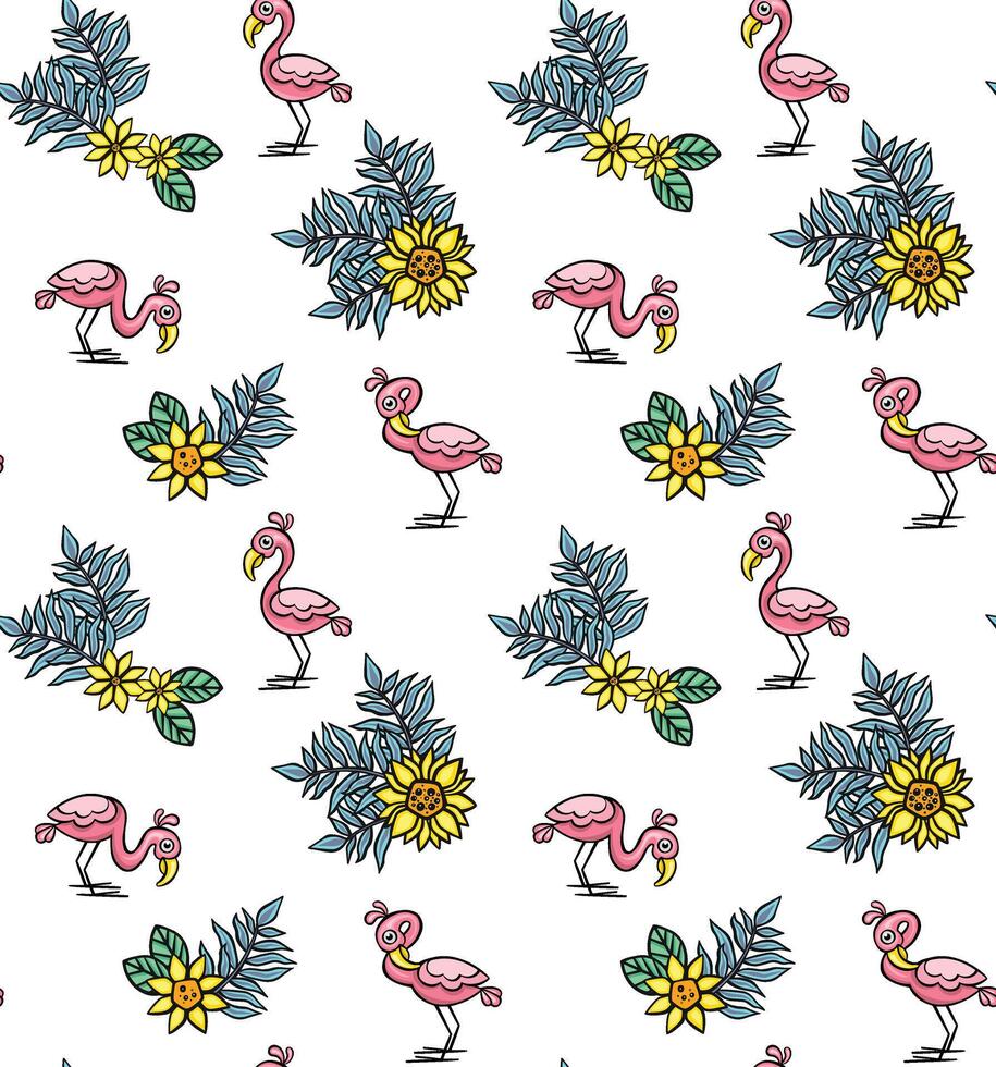 nahtlos Muster mit Flamingos und tropisch Blumen, vektor