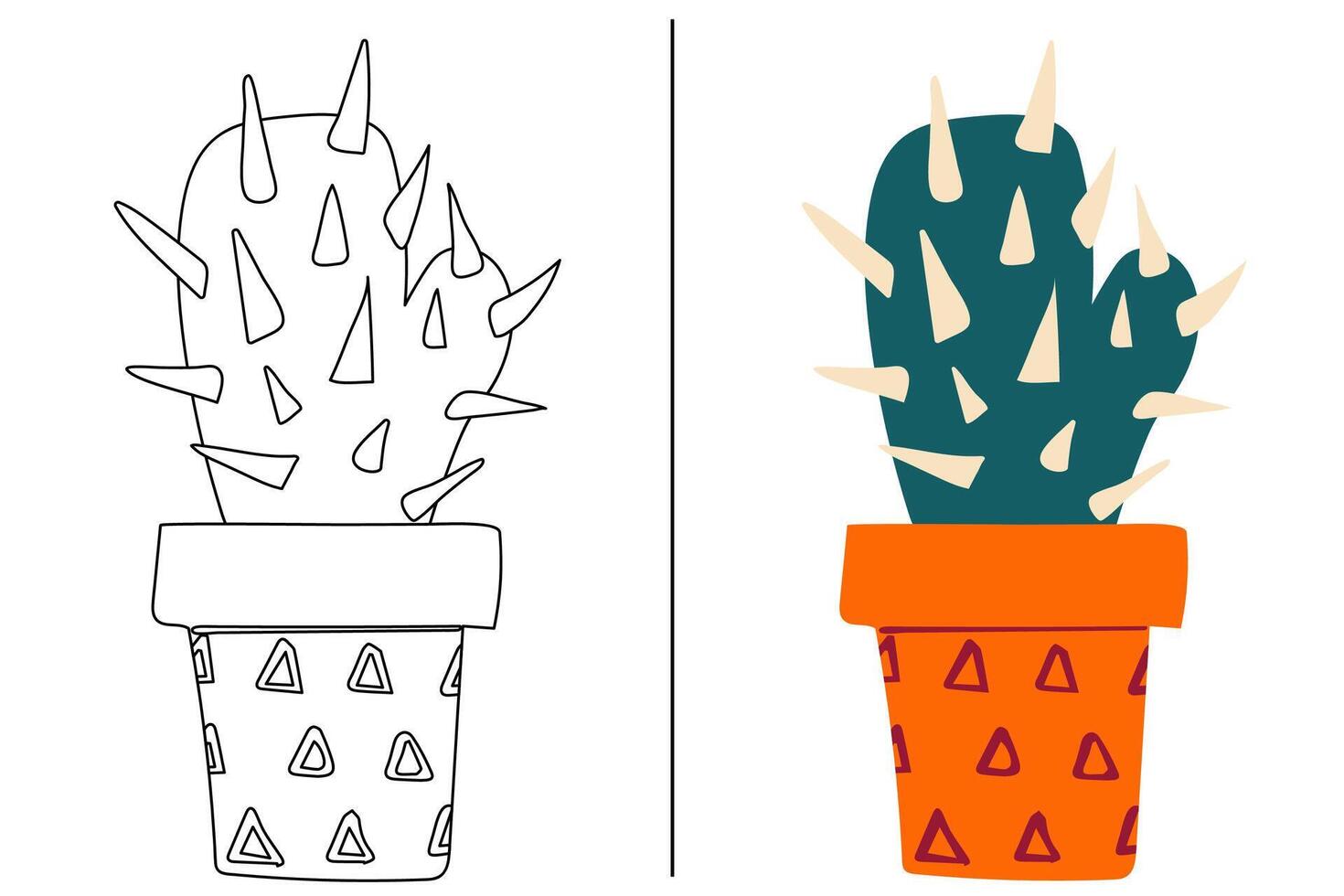 Färbung Hand gezeichnet Kaktus Blume im ein Vase auf ein Weiß. Kinder Färbung Buch vektor