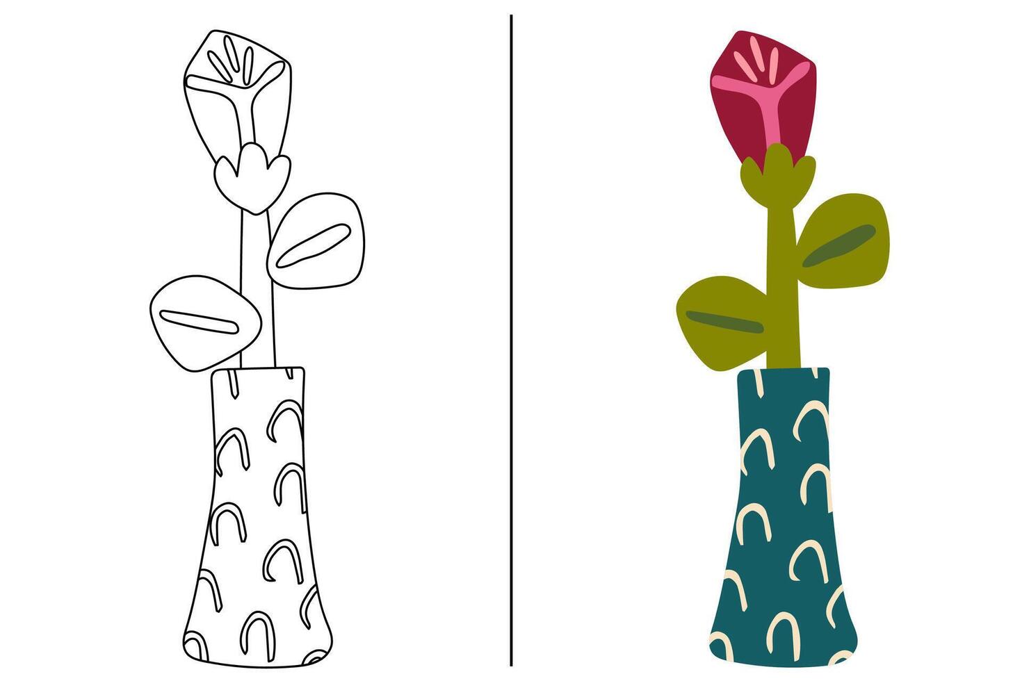 Färbung Hand gezeichnet Rose Blume im ein Vase auf ein Weiß. Kinder Färbung Buch vektor