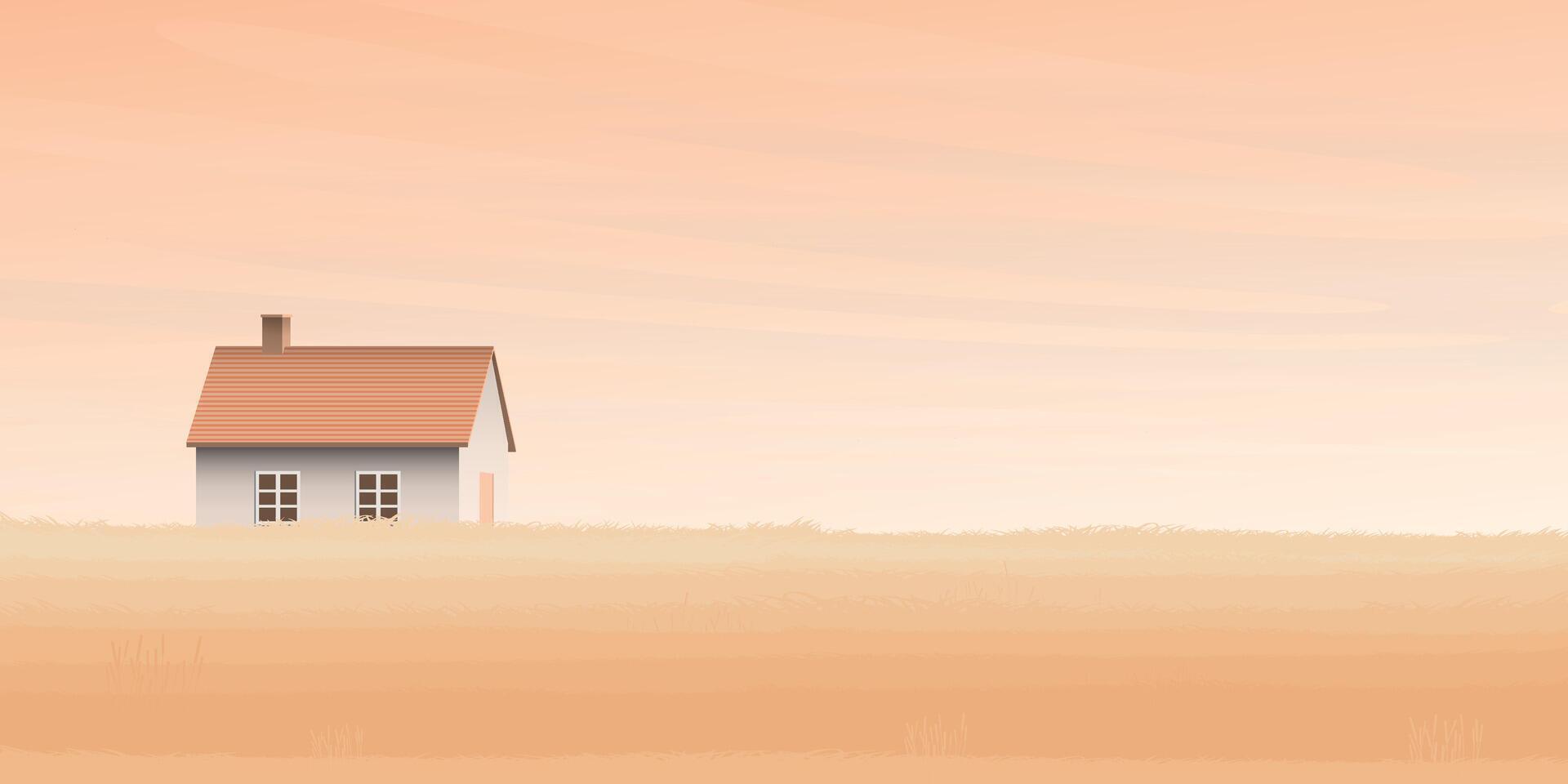 Weizen Feld mit Land Haus und Vanille Himmel Hintergrund Illustration haben leer Raum. Landschaft mit Gold Farben Korn Natur und Sonnenuntergang Hintergrund . Herbst Landwirtschaft Landschaft. vektor