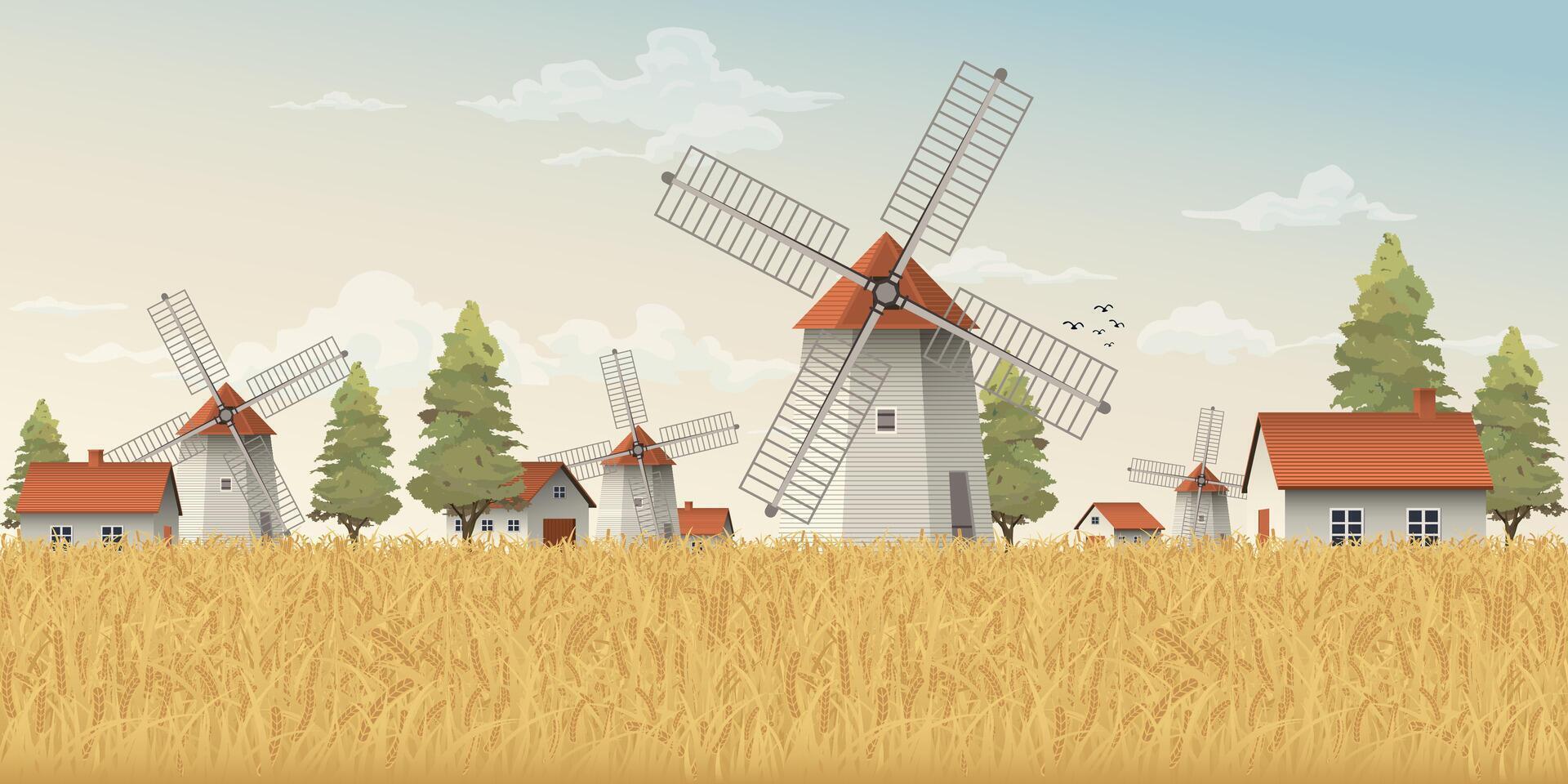 gammal odla, by och väderkvarn i vete fält i de morgon- illustration. landsbygden begrepp med guld färger korn fält. vektor