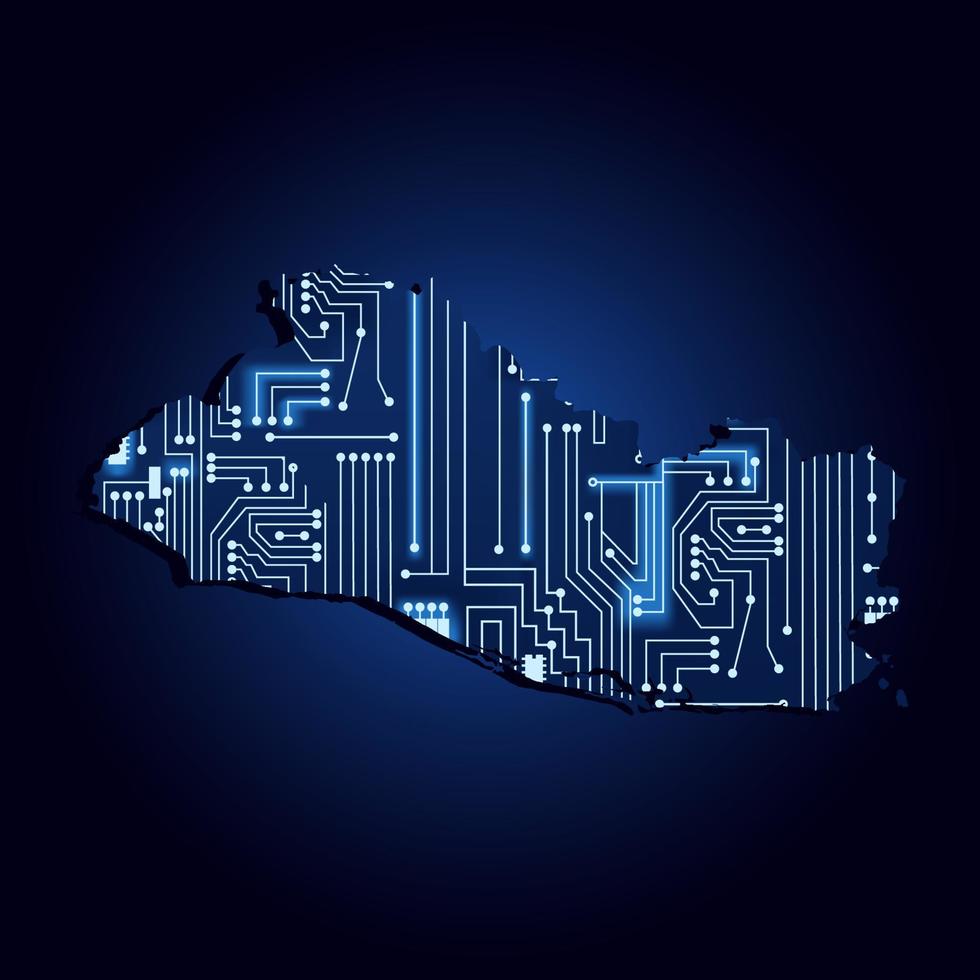 konturkarta över el Salvador med en teknisk elektronikkrets. vektor