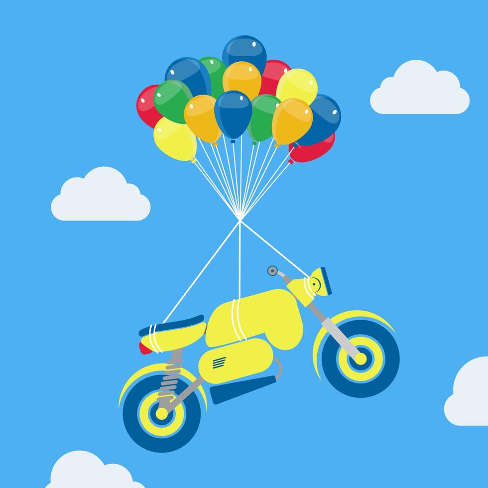 Motorrad steigt mit Ballons. Motorrad hängt an Heliumballons, schwebt und steigt in den Himmel. vektor