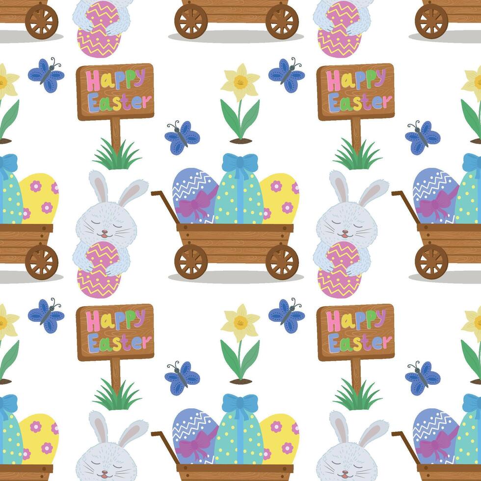 sömlös mönster med blommor, ägg, korg, fjärilar och kaniner för påsk, illustration. påsk mönster med kanin, fjäril, ägg. vektor
