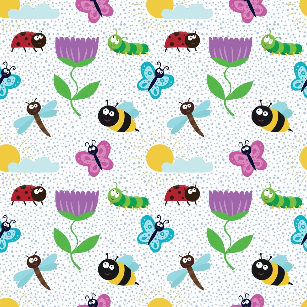 söt sömlös mönster med insekter och blommor. en design element för utskrift på tyg. bin, Nyckelpigor, fjärilar, larver, sländor och växter. tecknad serie platt illustration vektor