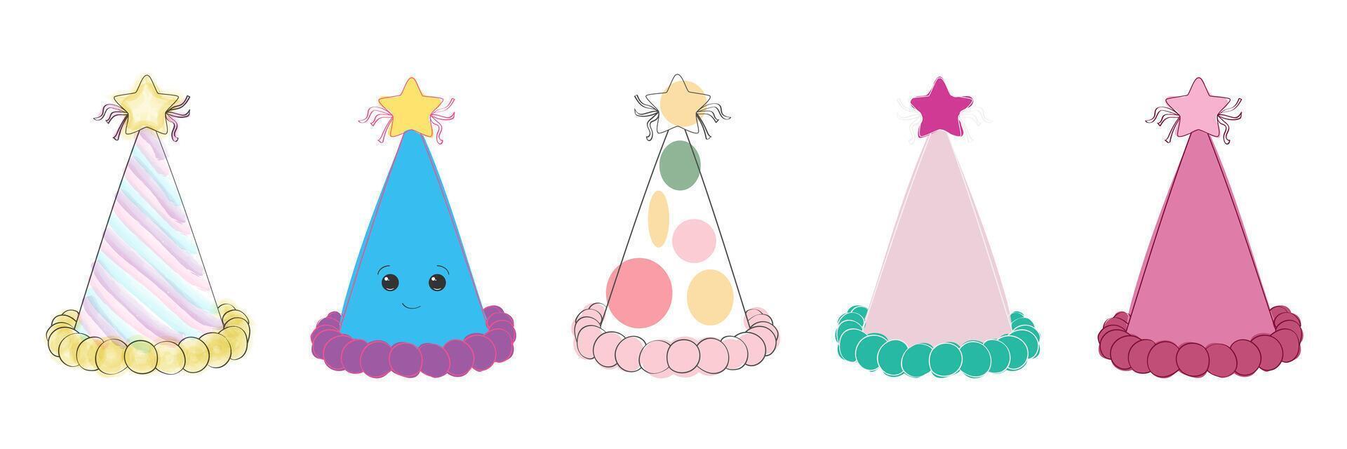 ein Reihe von bunt Party Hüte geschmückt mit Sterne gefüttert oben ordentlich im ein festlich Anzeige. jeder Hut ist beschwingt und bereit zum Feier vektor